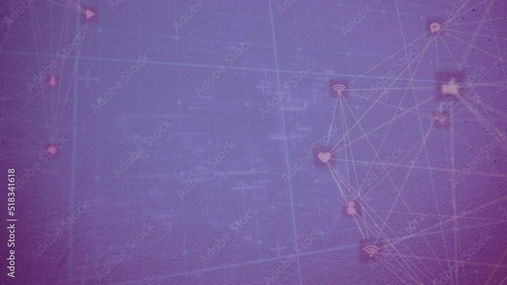 Poster animation of green shapes over networks of connections with icons on black background