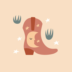 Western vector illustration with cowboy boot, grass and stars on isolated background. Wild west, mystical, boho, magic, esoteric concept