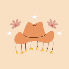 Western vector illustration with cowboy hat, flowers and stars on isolated background. Wild west, mystical, boho, magic, esoteric concept