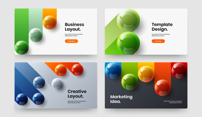 Simple annual report design vector concept collection. Colorful 3D spheres catalog cover layout set.