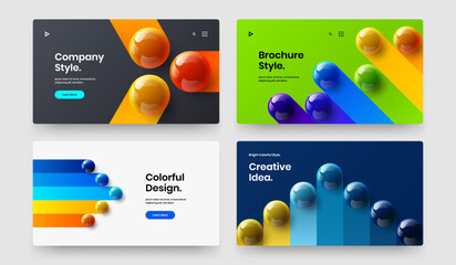 Colorful book cover design vector layout bundle. Minimalistic 3D balls website illustration set.