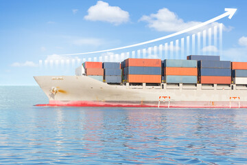 Cargo ship and cargo container cruise in sea, ocean, sky background. Freight transport with up arrow, increase graph or bar chart. Concept for export, growth market, trade, profit, demand and supply.
