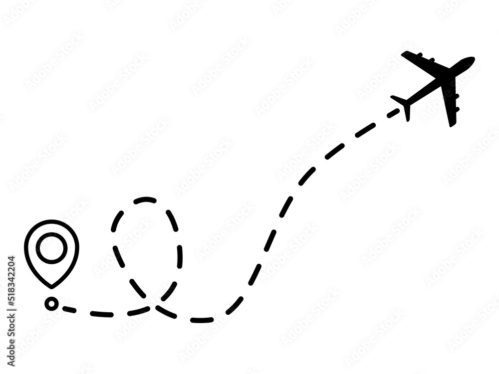 Poster airplane line dotted path. plane flight route with start point and dotted line trace. travel and tou