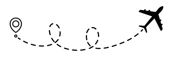 Airplane line dotted path. Plane flight route with start point and dotted line trace. Travel and tourism concept. Vector illustration isolated on white background.