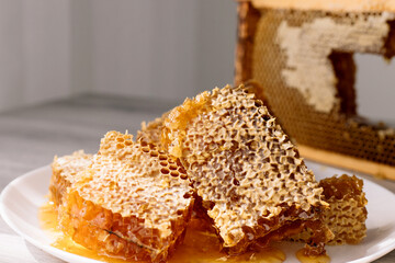 Pieces of sweet honeycomb on the white plate near the open honeycomb in wooden frame on the table