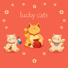 Cats of luck Maneki Neko. Postcard with Asian culture. Japanese illustration of symbol of wealth.