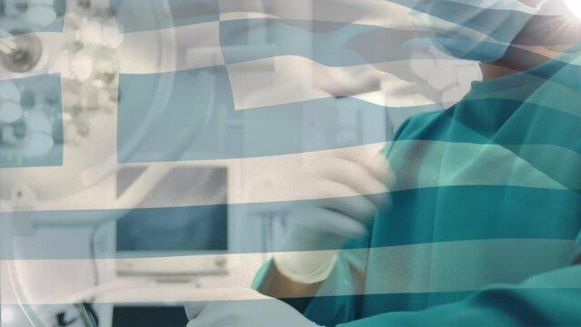 Animation of flag of greece over biracial male surgeon with face mask