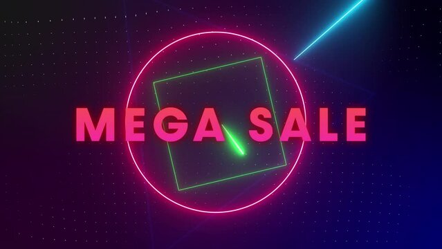 Animation of mega sale text over moving neon shapes