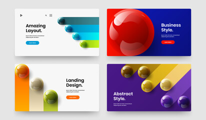 Vivid postcard design vector illustration collection. Colorful 3D spheres website template bundle.
