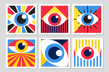 Bauhaus eye poster vector set minimal 20s geometric style with geometry figures and shapes circle, triangle. square. Human psychology and mental health concept illustration. 10 eps
