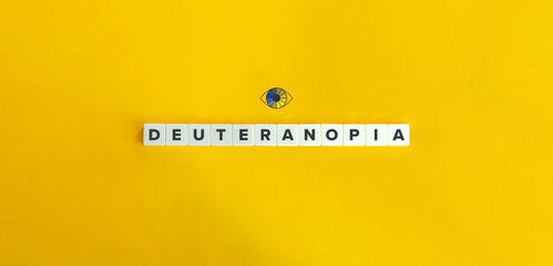 Deuteranopia Banner. Red-Green Colour Blindness. Letter Tiles on Yellow Background. Minimal...