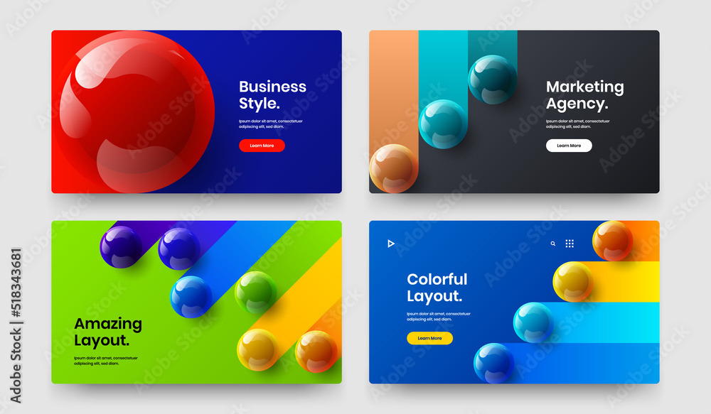 Poster vivid realistic balls site screen concept set. unique company brochure design vector layout composit