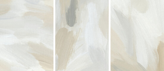 Neutral abstract art background set. Aesthetic acrylic hand painted template. Artistic texture with brush strokes