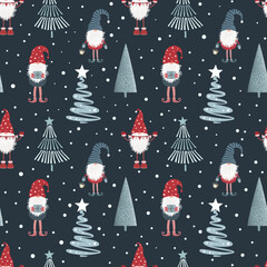 Christmas seamless pattern with scandinavian gnomes, trees and snowflakes.