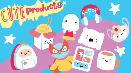 Set of cute cartoons in the concept of a k-pop, anime, cosplay, manga and other accessories store. Vector Illustration. Kawaii style.