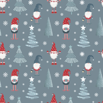 Fototapeta Christmas seamless pattern with scandinavian gnomes, trees and snowflakes.