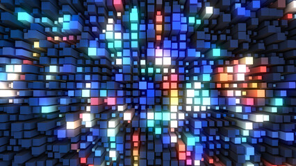 Neon geometric background. 3d ornament of rectangles, parallelepipeds. Fire and ice. Bright glow. Minecraft. Relief field. Wave of musical mosaic. Banner for games, presentations, business, websites.