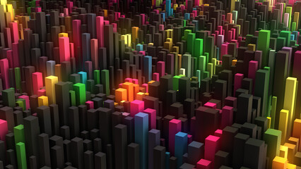  Neon rainbow background. 3d pattern of rectangles, parallelepipeds. Bright glow. Minecraft. Relief field. Mosaic, puzzle. Banner for games, presentations, business, websites.