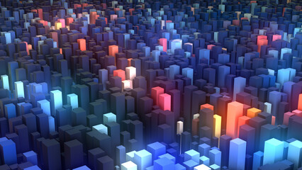 Obraz premium Neon geometric background with 3D rectangles and parallelepipeds. Fire and ice themes, bright glow, Minecraft-inspired relief, and musical mosaic. Perfect for banners, gaming, business, and websites