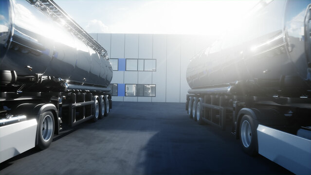 Generic 3d model of gasoline tanker on warehouse parking. Logistic center. Delivery, transport concept. 3d rendering.