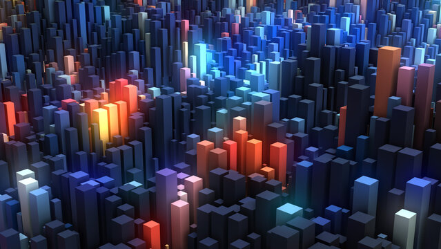 Neon geometric background with 3D rectangles and parallelepipeds. Fire and ice themes, bright glow, Minecraft-inspired relief, and musical mosaic. Perfect for banners, gaming, business, and websites