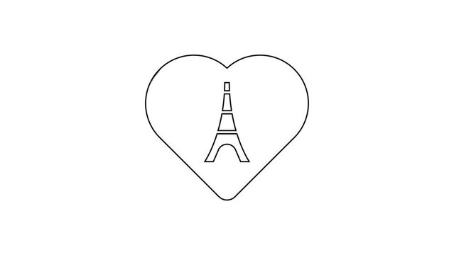 Black line Eiffel tower with heart icon isolated on white background. France Paris landmark symbol. 4K Video motion graphic animation