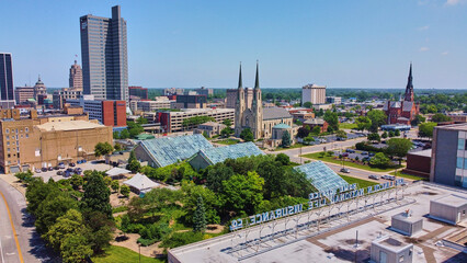 Aerial of downtown, Fort Wayne, focused on Botanical Gardens