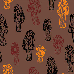 Seamless pattern with mushrooms morel. Mushrooms  in hand-drawn style. Creative autumn texture for fabric, wrapping, textile, wallpaper, apparel.