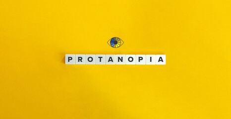 Protanopia Banner. Red-Green Color Blindness and Hereditary Ocular Disease. Letter Tiles on Yellow Background. Minimal Aesthetics.