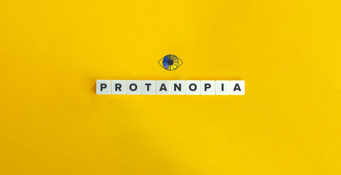 Protanopia Banner. Red-Green Color Blindness and Hereditary Ocular Disease. Letter Tiles on Yellow Background. Minimal Aesthetics.