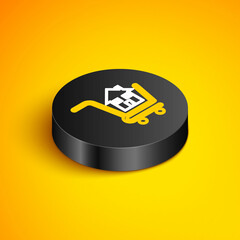 Isometric line Shopping cart with house icon isolated on yellow background. Buy house concept. Home loan concept, rent, buying a property. Black circle button. Vector