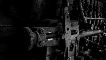 Close up Old rusty generator engine.  black and white photo