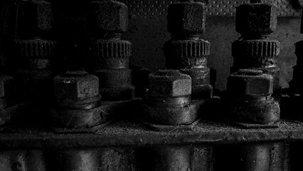 Close up Old rusty generator engine.  black and white photo
