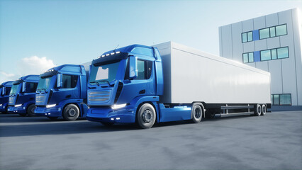 Obraz na płótnie Canvas Generic 3d model of cargo trucks on warehouse parking. Logistic center. Delivery, transport concept. 3d rendering.