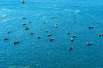 View from above of little fishing boats in the coasts of Antofagasta, Chile