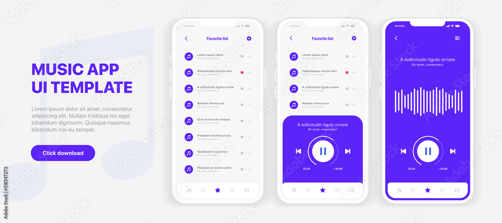 Aufkleber Web mobile application interface for music player application for mobile app, business, website. Sound app UI UX GUI template. Responsive website wireframes. Web design UI kit. Music Dashboard.