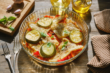 Cooking fish with vegetables and herbs in the oven. Selective focus.