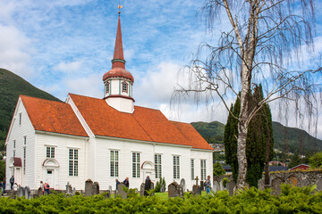 Fototapeta na wymiar Eid kirke (Eid church) in Nordfjordeid Vestland in Norway (Norwegen, Norge or Noreg)
