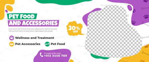 Pet care and shop horizontal banner design template. White background with colorful shape. Editable modern banner with place for the photo.