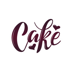 Chocolate Cake. Logo for bakery. Brown volume letters with hearts on white background. Vector hand lettering.desserts sweet products packaging cupcakes pastry. Simple creative calligraphy
