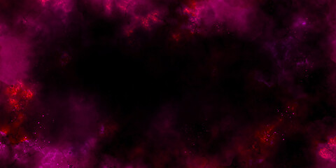 Abstract night sky space watercolor background with stars. Watercolor dark red pink nebula universe. Watercolor hand drawn illustration. Pink watercolor ombre leaks and splashes texture. 