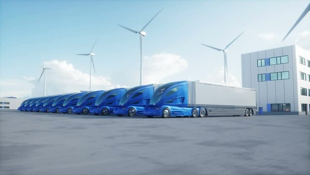 Futuristic electrick trucks on warehouse parking. Logistic center. Delivery, transport concept. Realistic 4k animation.