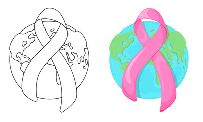 Set of vector illustrations Pink ribbon with planet earth isolated on white background