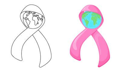 Set of vector illustrations The earth is wrapped in a pink ribbon isolated on white background