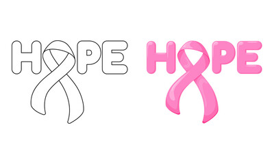 Set of vector illustrations Hope with Pink Ribbon isolated on white background