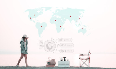 Asian traveling beautiful woman walking on the grass near the lake in the morning on a bright day,...