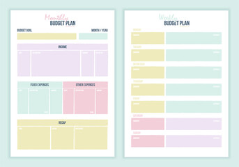 Monthly and weekly budget planner. Cute finance planner template with abstract details. Color illustration - obrazy, fototapety, plakaty