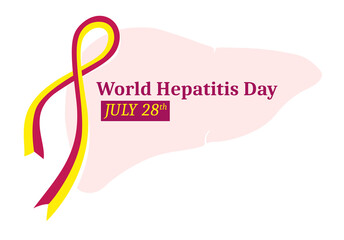 World Hepatitis Day Card on white background. Red, Yellow ribbon.