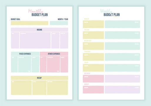 Monthly And Weekly Budget Planner. Cute Finance Planner Template With Abstract Details. Color Illustration