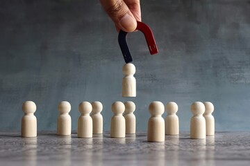 Magnet selects one person from the crowd. Recruiting candidate, hiring, human resources concept